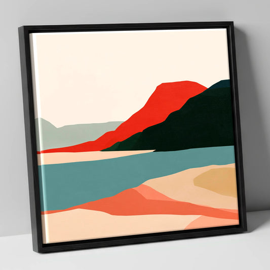 Terracotta Fells Over Teal Lake lake district lake canvas wall art in black frame