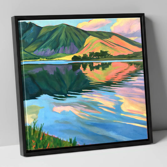 Pink Sunset Reflections on Calm Lake lake district lake canvas wall art in black frame