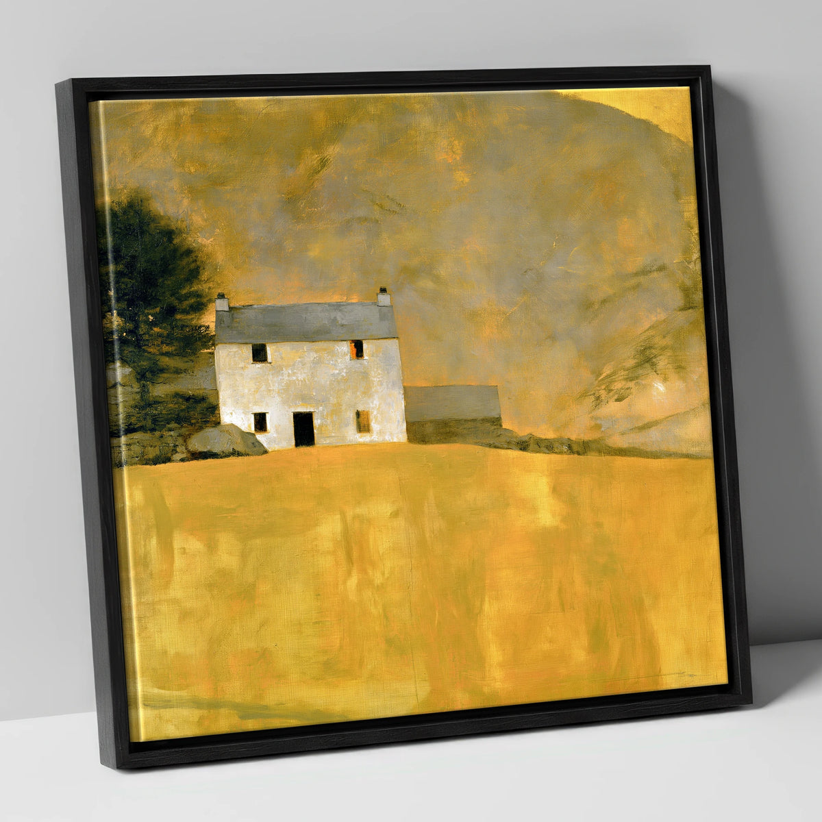 Stone Cottage in Golden Ochre lake district village canvas wall art in black frame