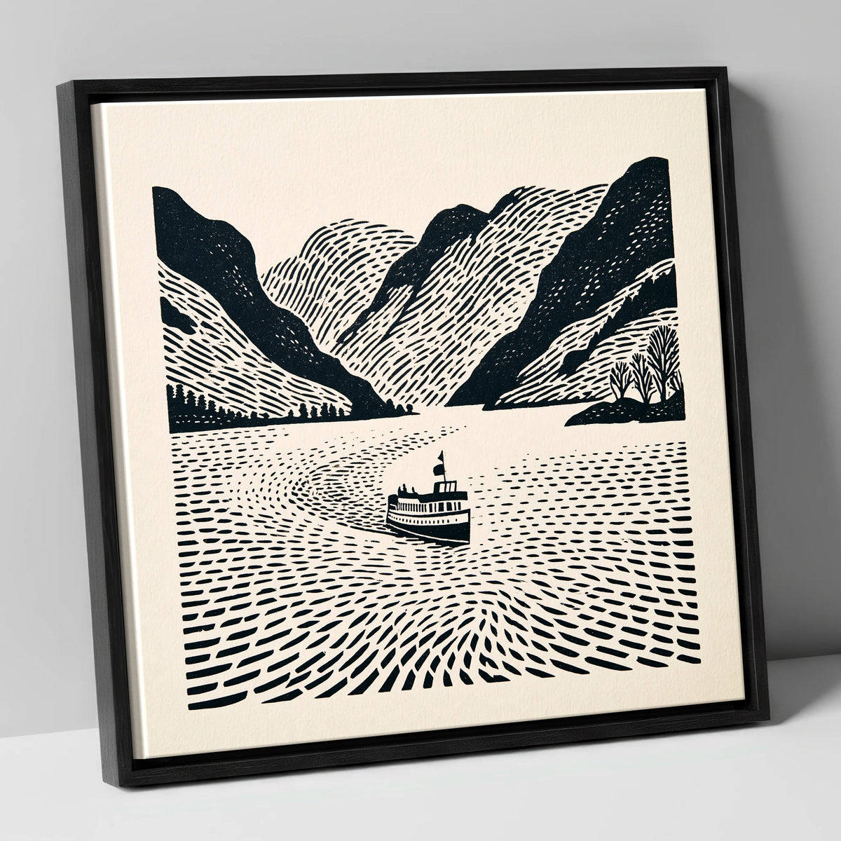 Ullswater Steamer on Swirling Waters lake district lake canvas wall art in black frame