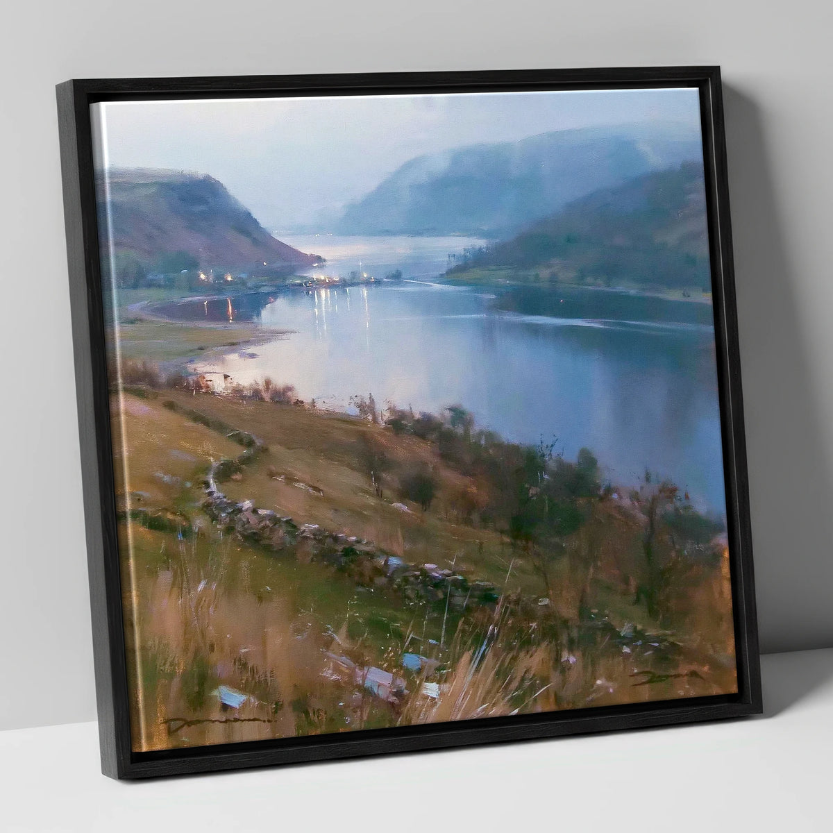 Pooley Bridge Twilight Over Ullswater lake district village canvas wall art in black frame