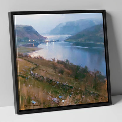 Pooley Bridge Twilight Over Ullswater lake district village canvas wall art in black frame