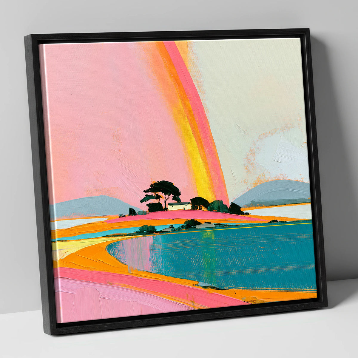 Bold Rainbow Over the Lake lake district sky canvas wall art in black frame