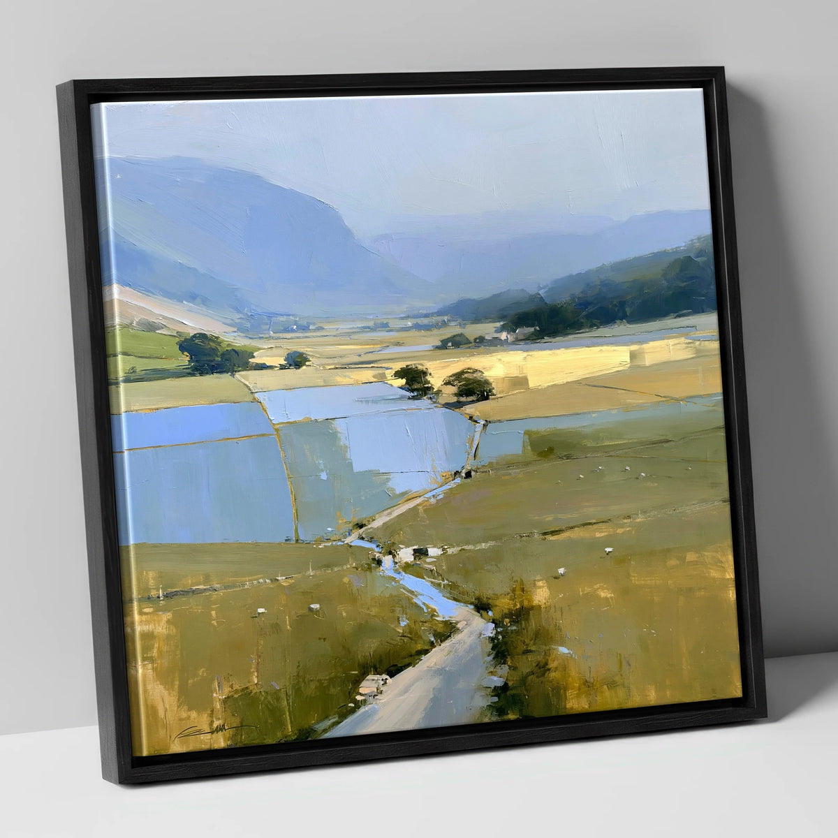 Luminous Patchwork Fields in a Dale lake district valley canvas wall art in black frame