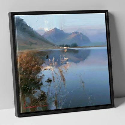 Still Reflections at Loweswater lake district lake canvas wall art in black frame