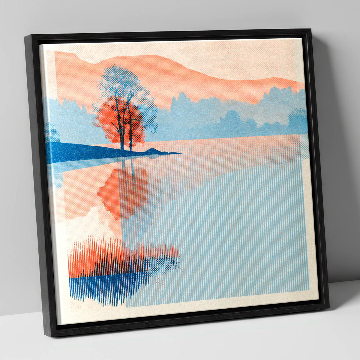 Modern Coral Lake Dawn lake district lake canvas wall art in black frame