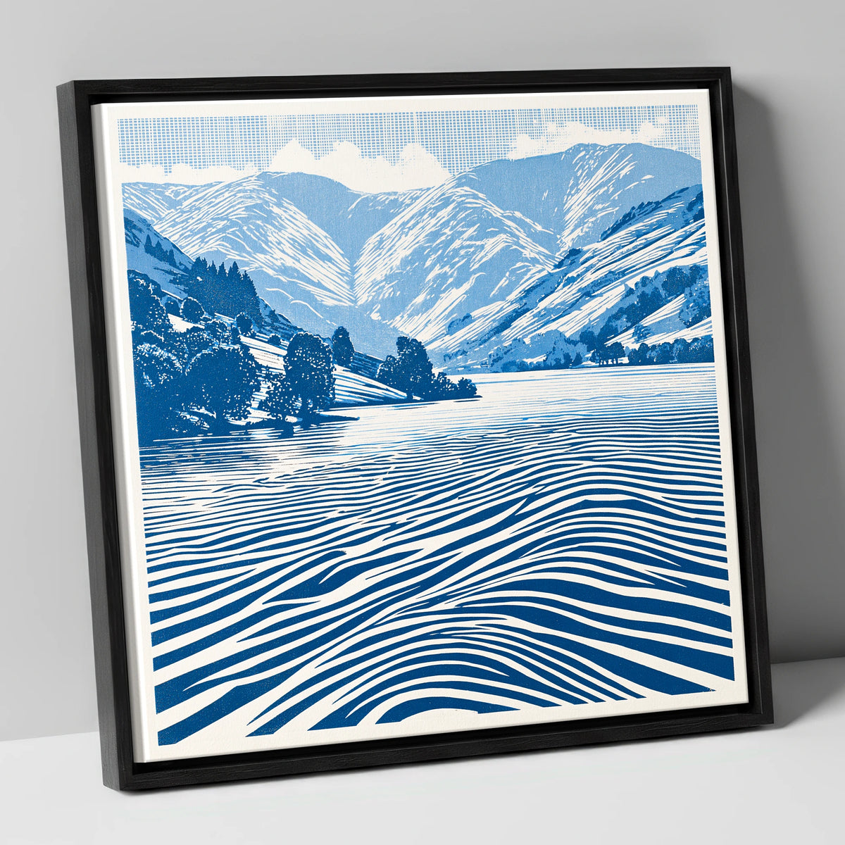 Cobalt Blue Ullswater Fells lake district lake canvas wall art in black frame