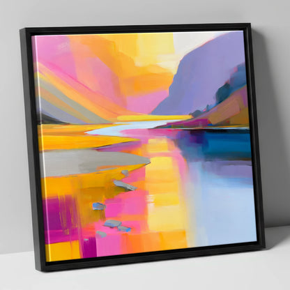 Pink and Gold River Valley lake district waterfall canvas wall art in black frame