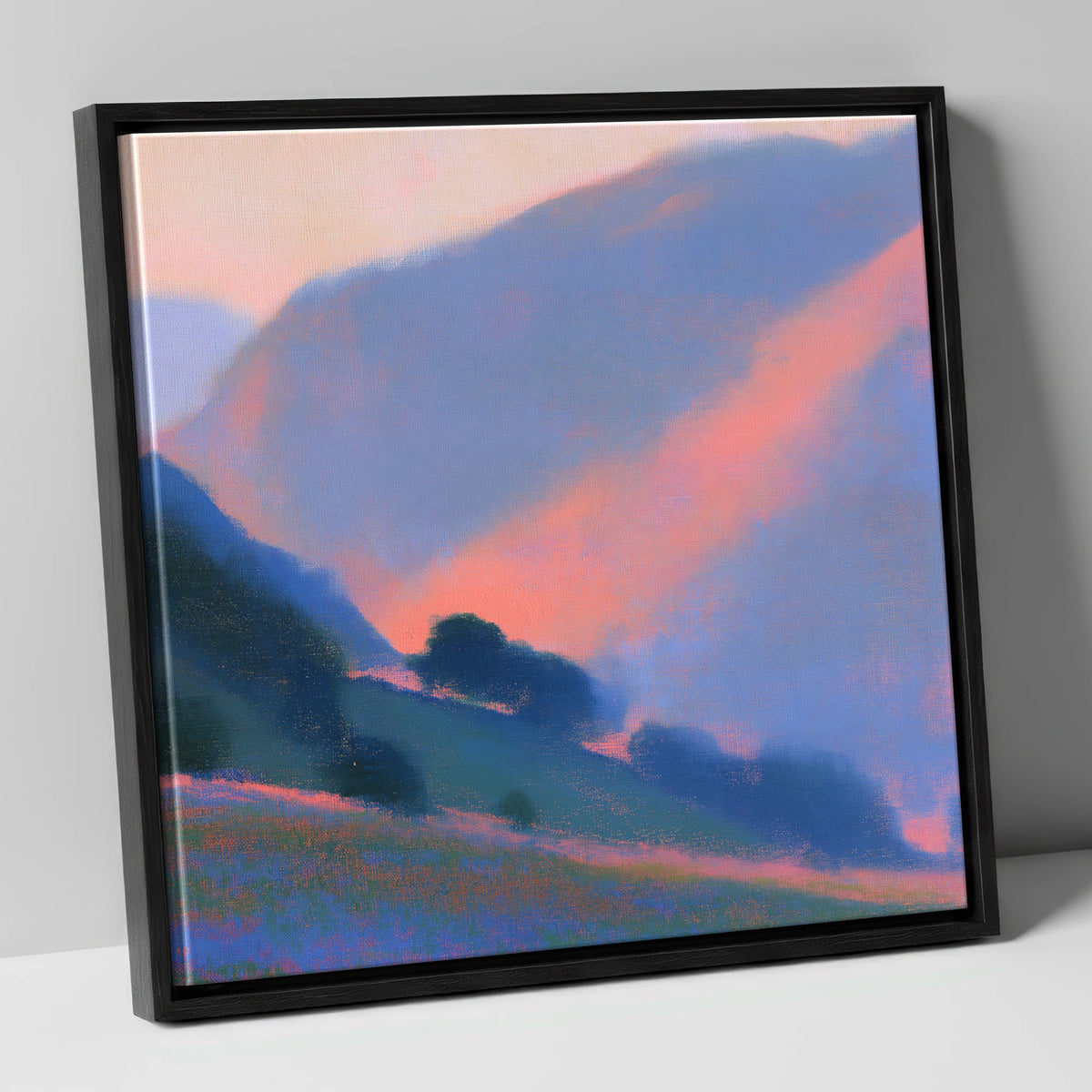 Rose Light Between the Fells lake district valley canvas wall art in black frame