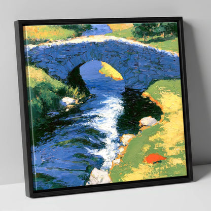 Sunlit Stone Bridge and Beck lake district waterfall canvas wall art in black frame