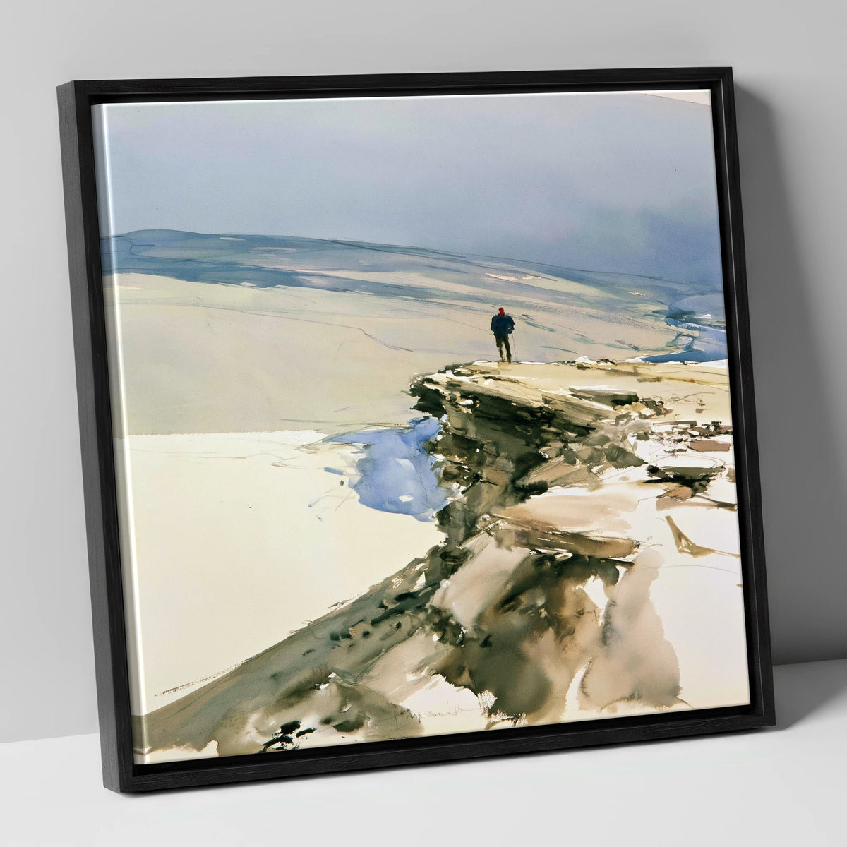 Lone Hiker on Fell Edge lake district walking canvas wall art in black frame