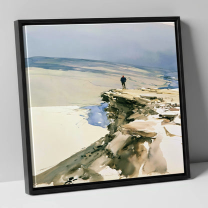 Lone Hiker on Fell Edge lake district walking canvas wall art in black frame
