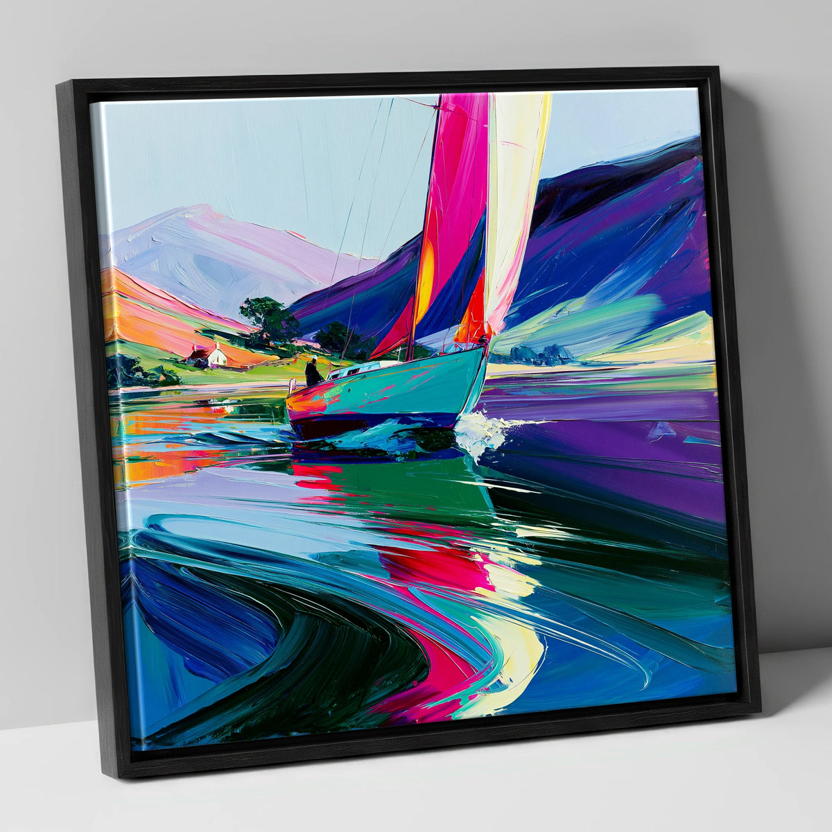 Vibrant Sailboat Beneath Purple Fells lake district walking canvas wall art in black frame