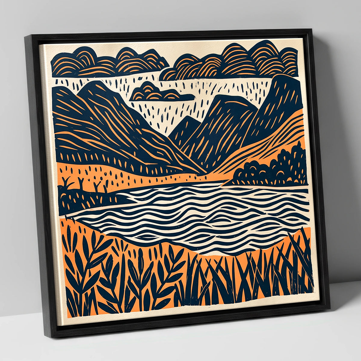 Dawn Lake In Navy And Terracotta lake district lake canvas wall art in black frame