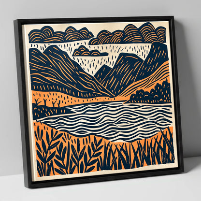 Dawn Lake In Navy And Terracotta lake district lake canvas wall art in black frame