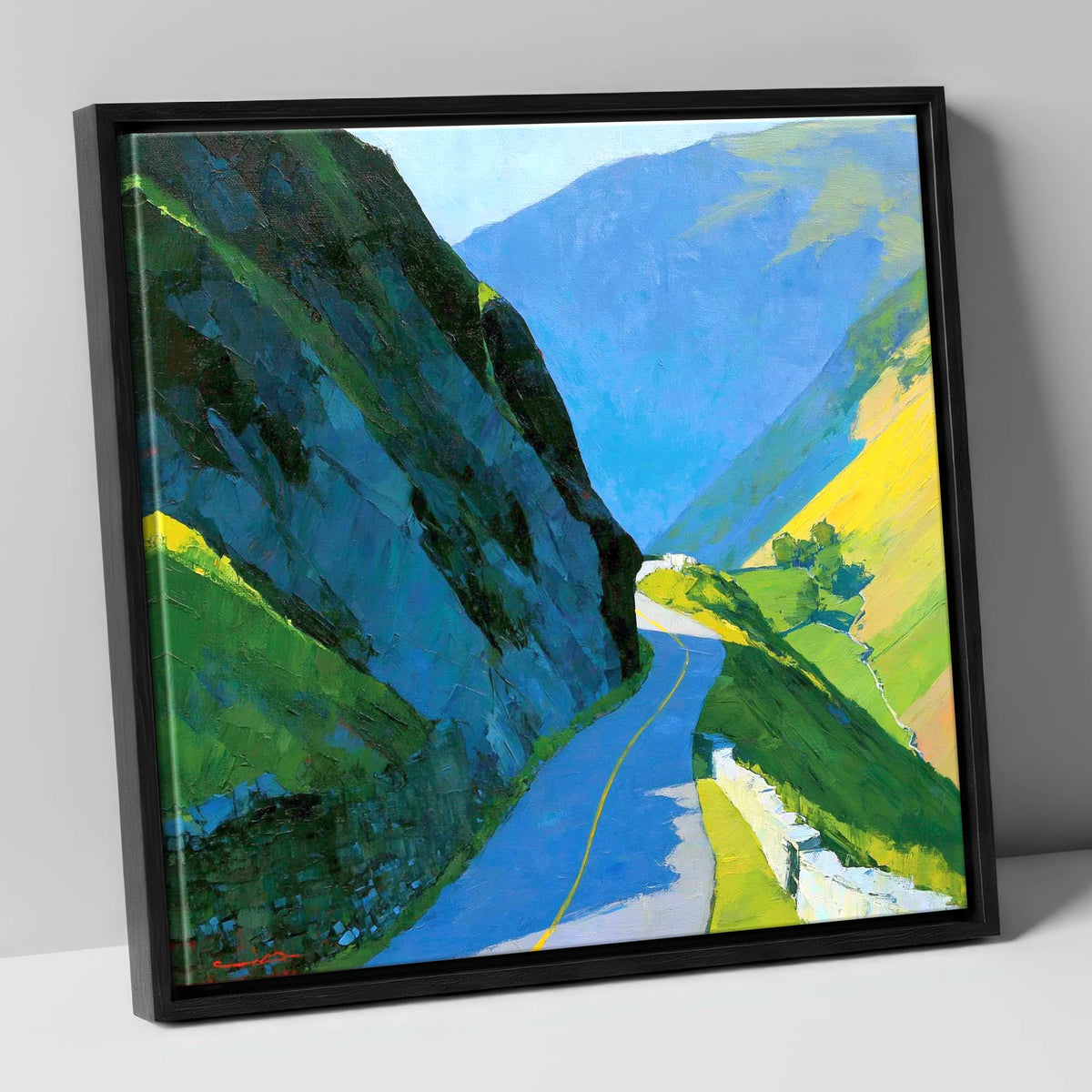 Vibrant Sunlit Mountain Pass lake district valley canvas wall art in black frame