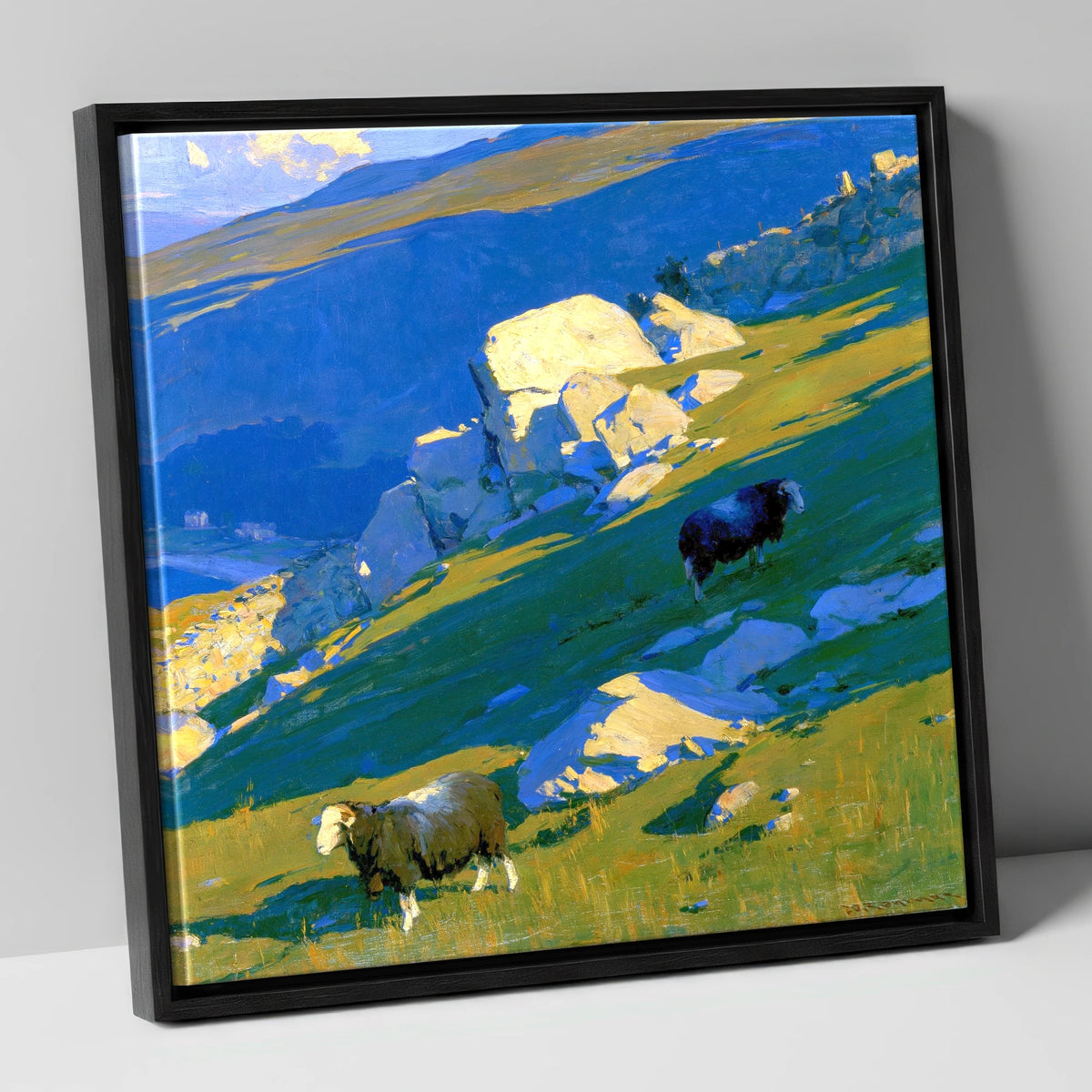 Herdwick Sheep on Sunlit Fell lake district wildlife canvas wall art in black frame