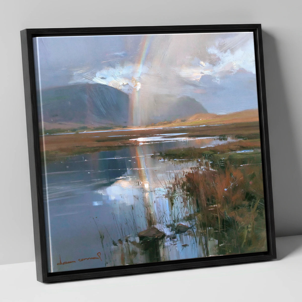 Rainbow Reflection Over Valley Waters lake district sky canvas wall art in black frame