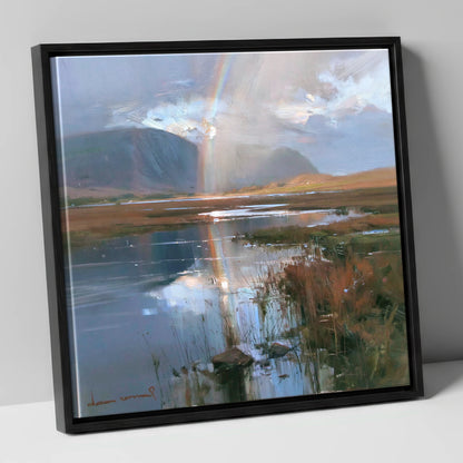 Rainbow Reflection Over Valley Waters lake district sky canvas wall art in black frame