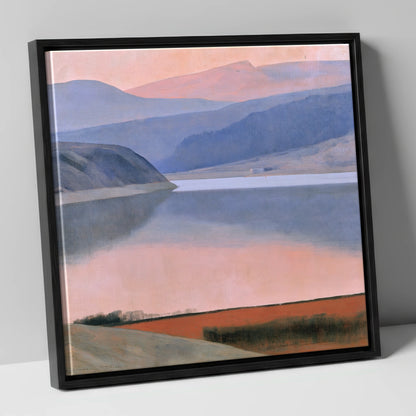 Lake and Fells in Dusk Pink lake district lake canvas wall art in black frame