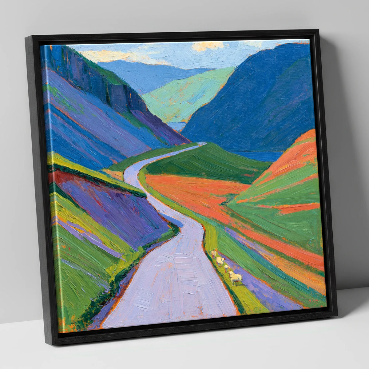 Winding Pass and Cobalt Fells lake district valley canvas wall art in black frame