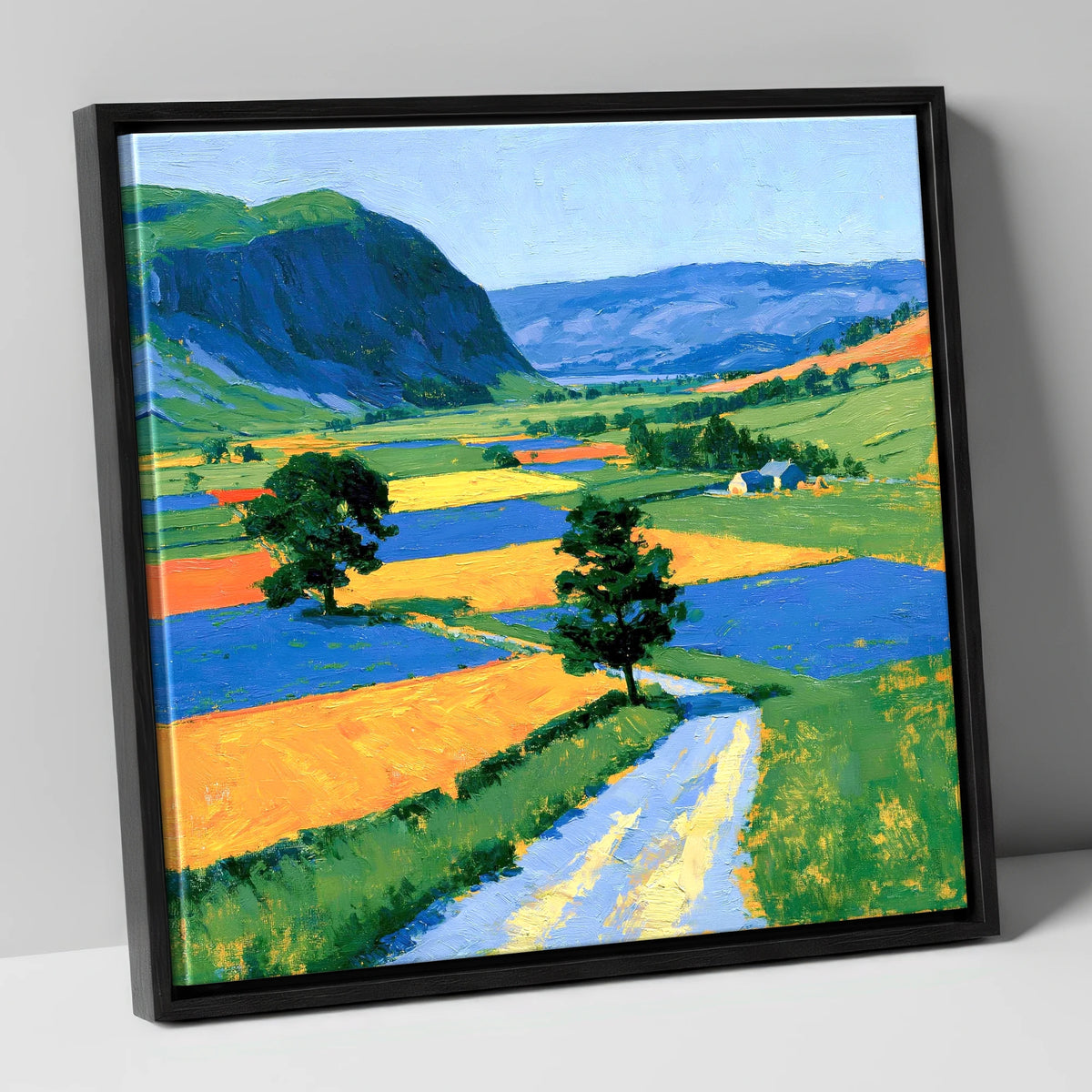 Bright Dale Patchwork Fields lake district valley canvas wall art in black frame