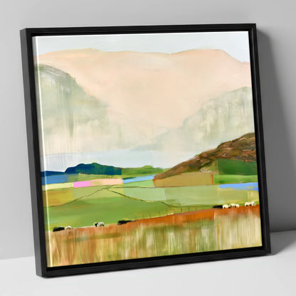 Abstract Fells And Valley Pastures lake district fell canvas wall art in black frame