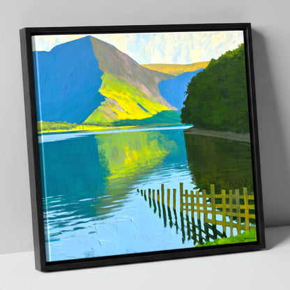 Buttermere Fence and Sunlit Fells lake district lake canvas wall art in black frame