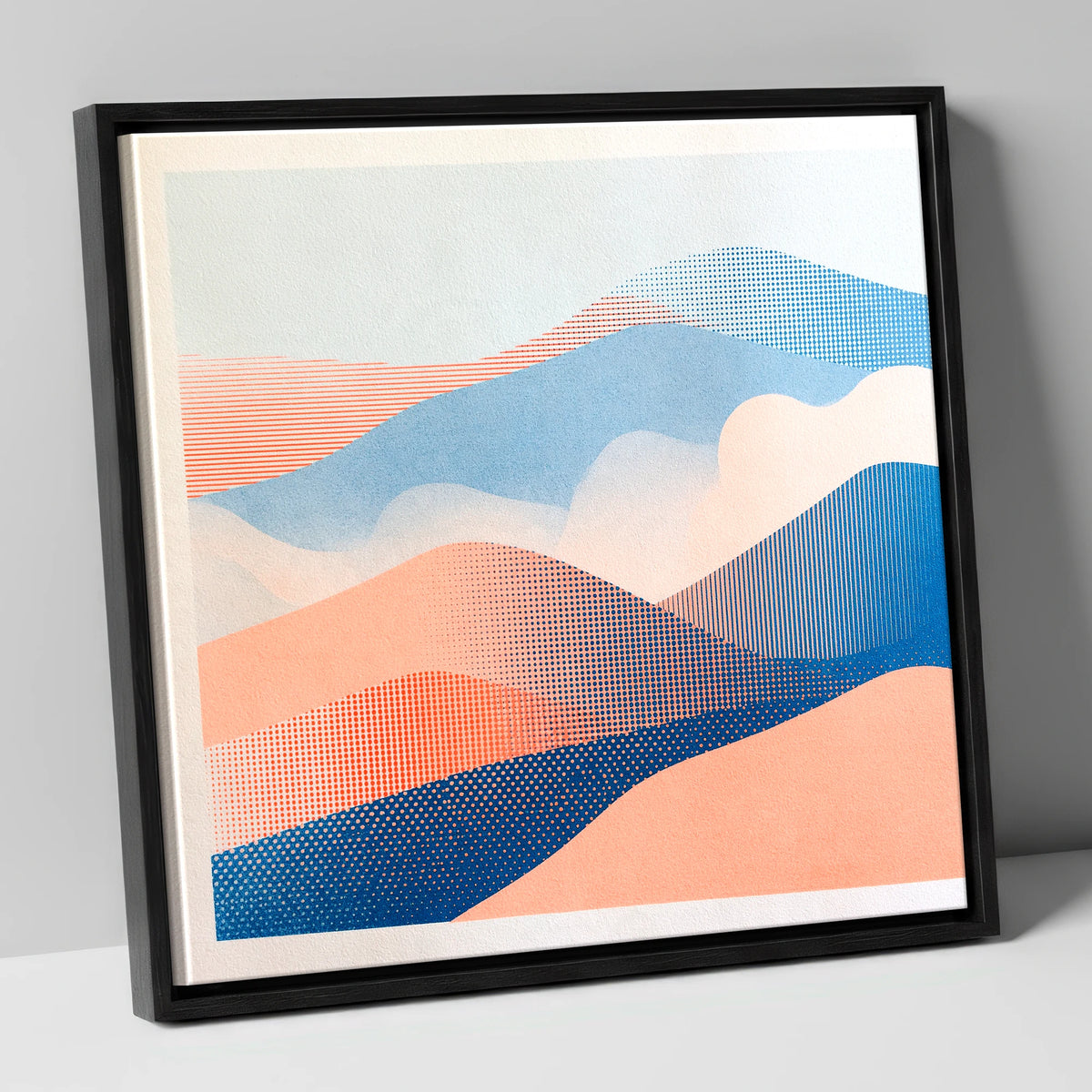 Coral and Blue Rolling Fells lake district fell canvas wall art in black frame