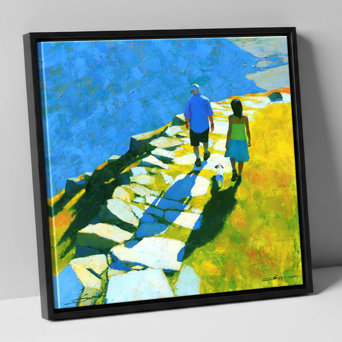Summer Fell Walk with Blue Shadows lake district walking canvas wall art in black frame