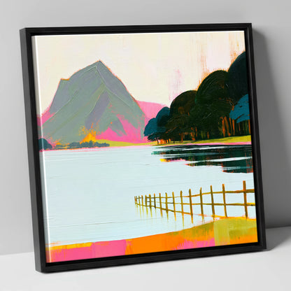Vibrant Pink Shores Of Buttermere lake district lake canvas wall art in black frame