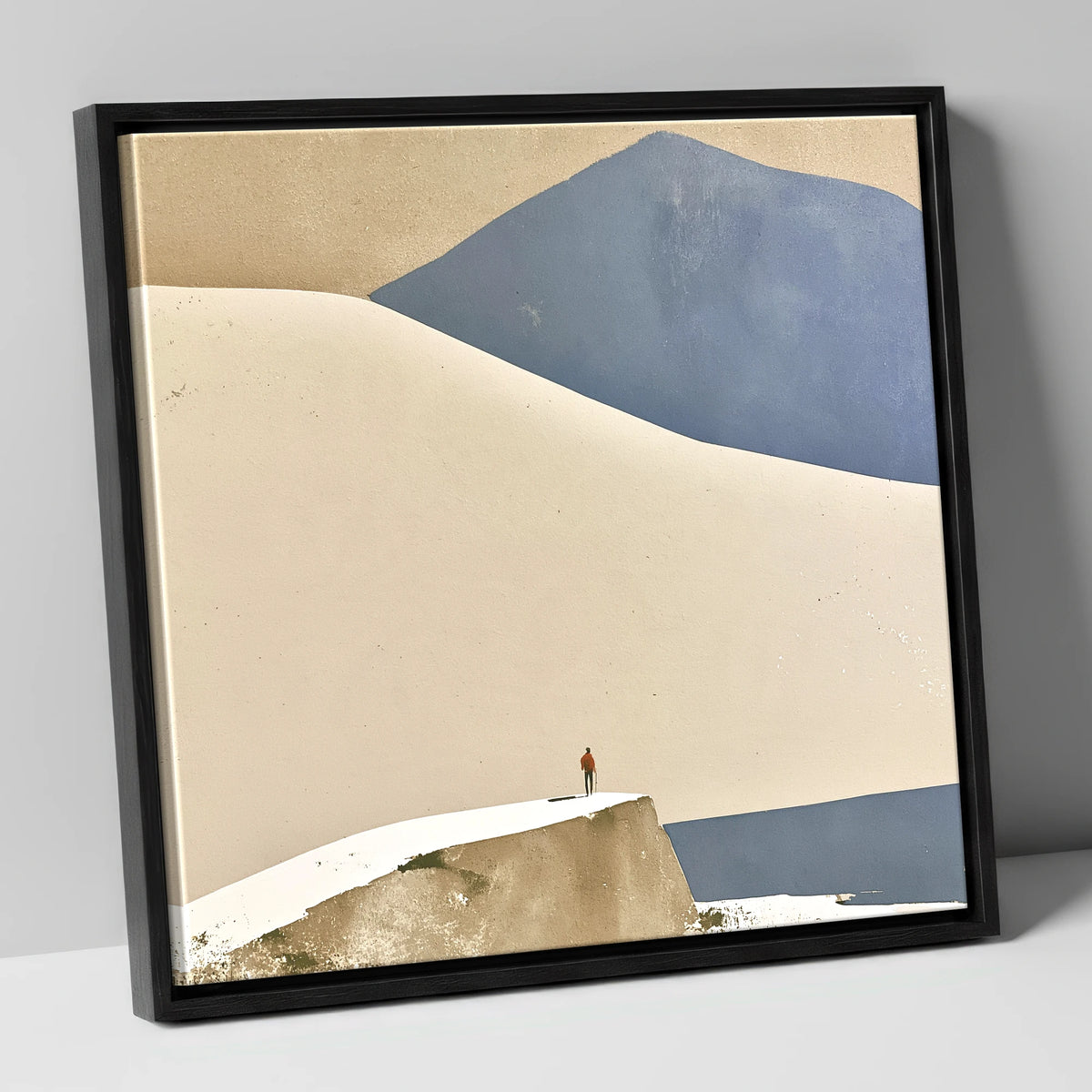 Lone Hiker Against Blue Fells lake district walking canvas wall art in black frame