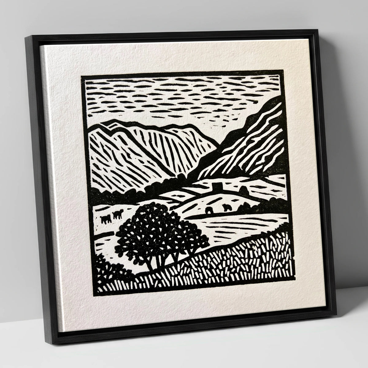 Monochromatic Borrowdale Valley Landscape lake district valley canvas wall art in black frame