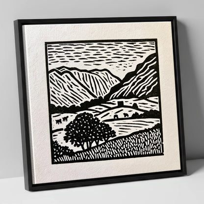 Monochromatic Borrowdale Valley Landscape lake district valley canvas wall art in black frame