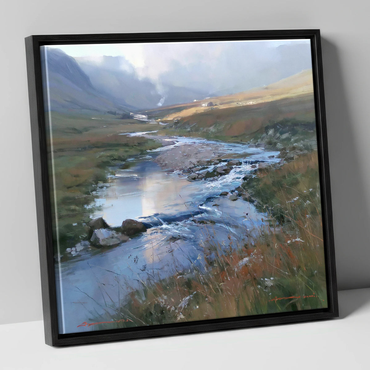 Winding Valley River in Sunlight lake district waterfall canvas wall art in black frame