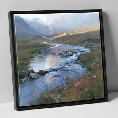 Winding Valley River in Sunlight lake district waterfall canvas wall art in black frame