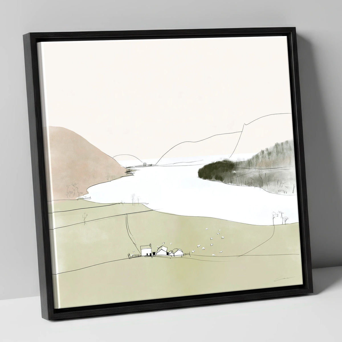 Loweswater Farm and Pale Fells lake district lake canvas wall art in black frame