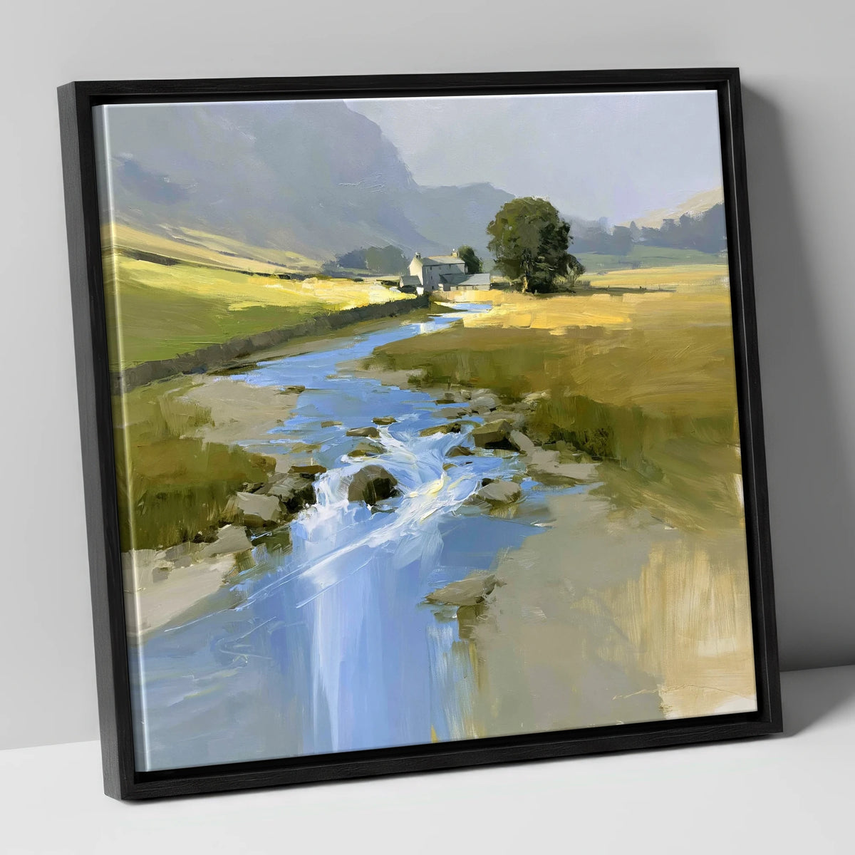 Sunlit Valley Beck and Farmhouse lake district waterfall canvas wall art in black frame