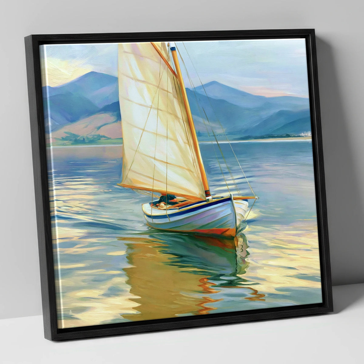 Sailing Boat on Golden Water lake district walking canvas wall art in black frame