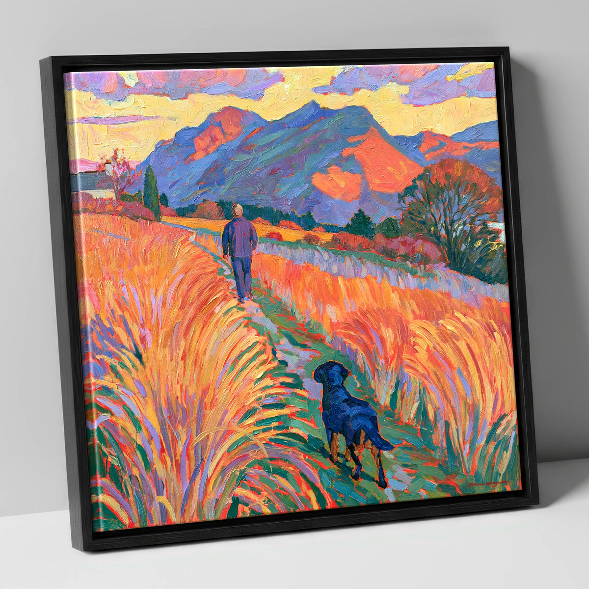 Vibrant Keswick Fells Dog Walk gifts for dog walkers canvas wall art in black frame