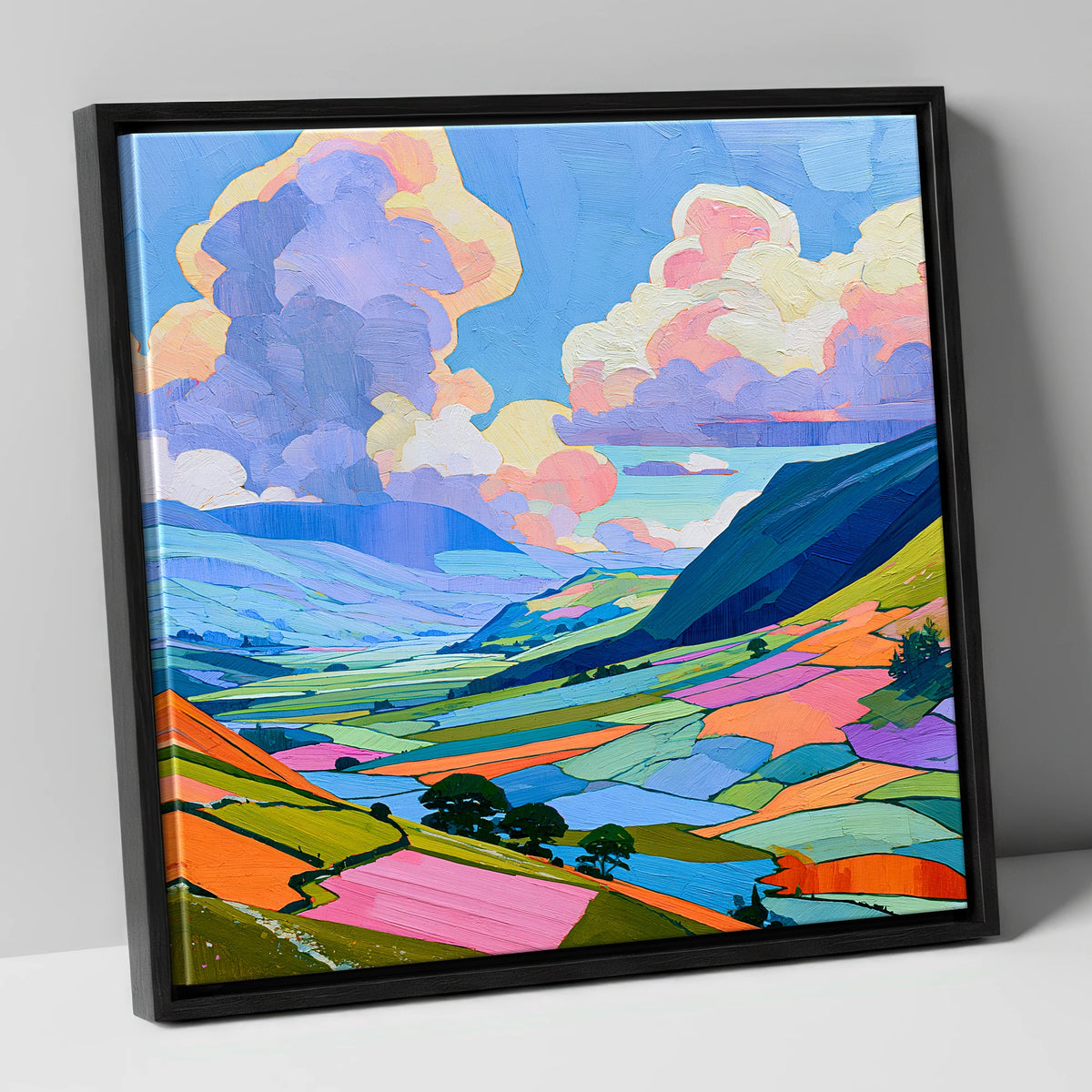 Lavender Clouds Over Rolling Fells lake district fell canvas wall art in black frame