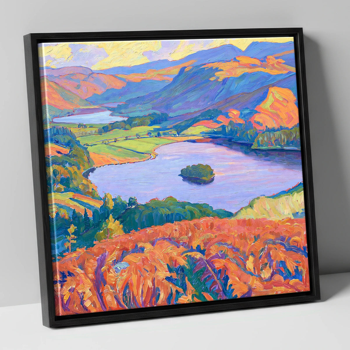 Vibrant Bracken Over Grasmere lake district lake canvas wall art in black frame