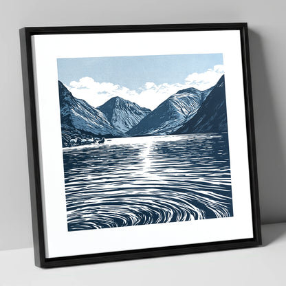 Wastwater Fells in Deep Navy lake district lake canvas wall art in black frame
