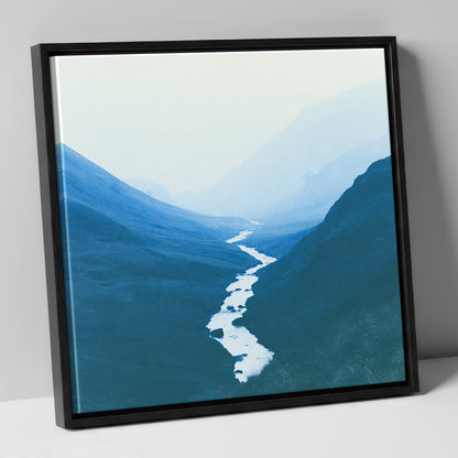River Winding Through Blue Fells lake district waterfall canvas wall art in black frame