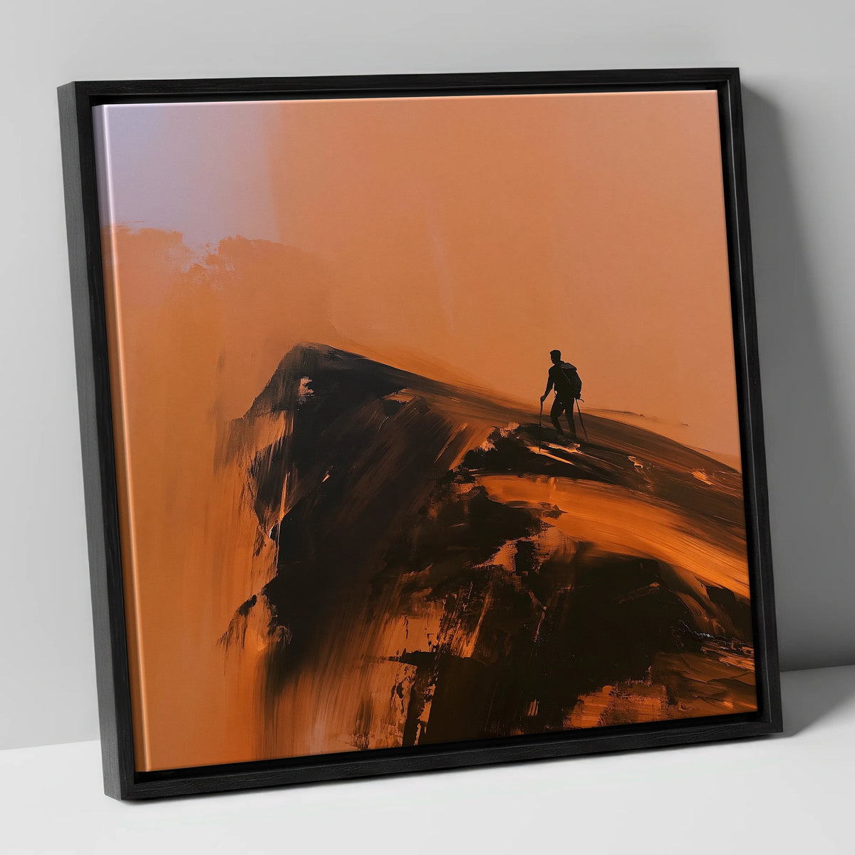Striding Edge Silhouette in Amber lake district walking canvas wall art in black frame