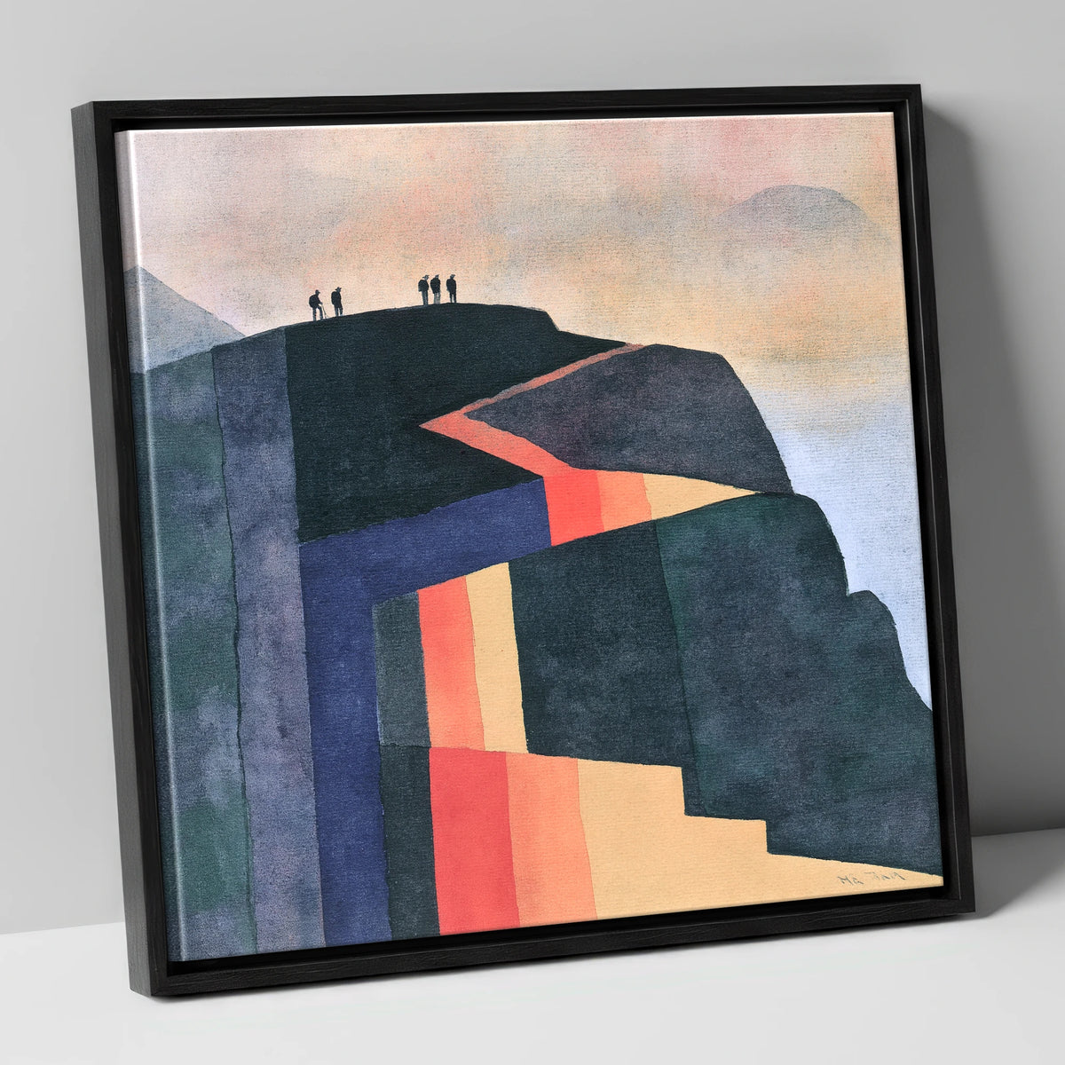 Hikers on Bold Geometric Fells lake district fell canvas wall art in black frame