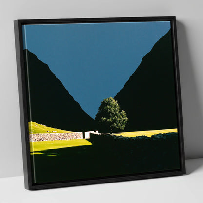 Sunlit Tree Between Silhouetted Fells lake district valley canvas wall art in black frame
