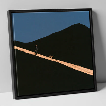 Dog Walker on Sunlit Skiddaw gifts for dog walkers canvas wall art in black frame