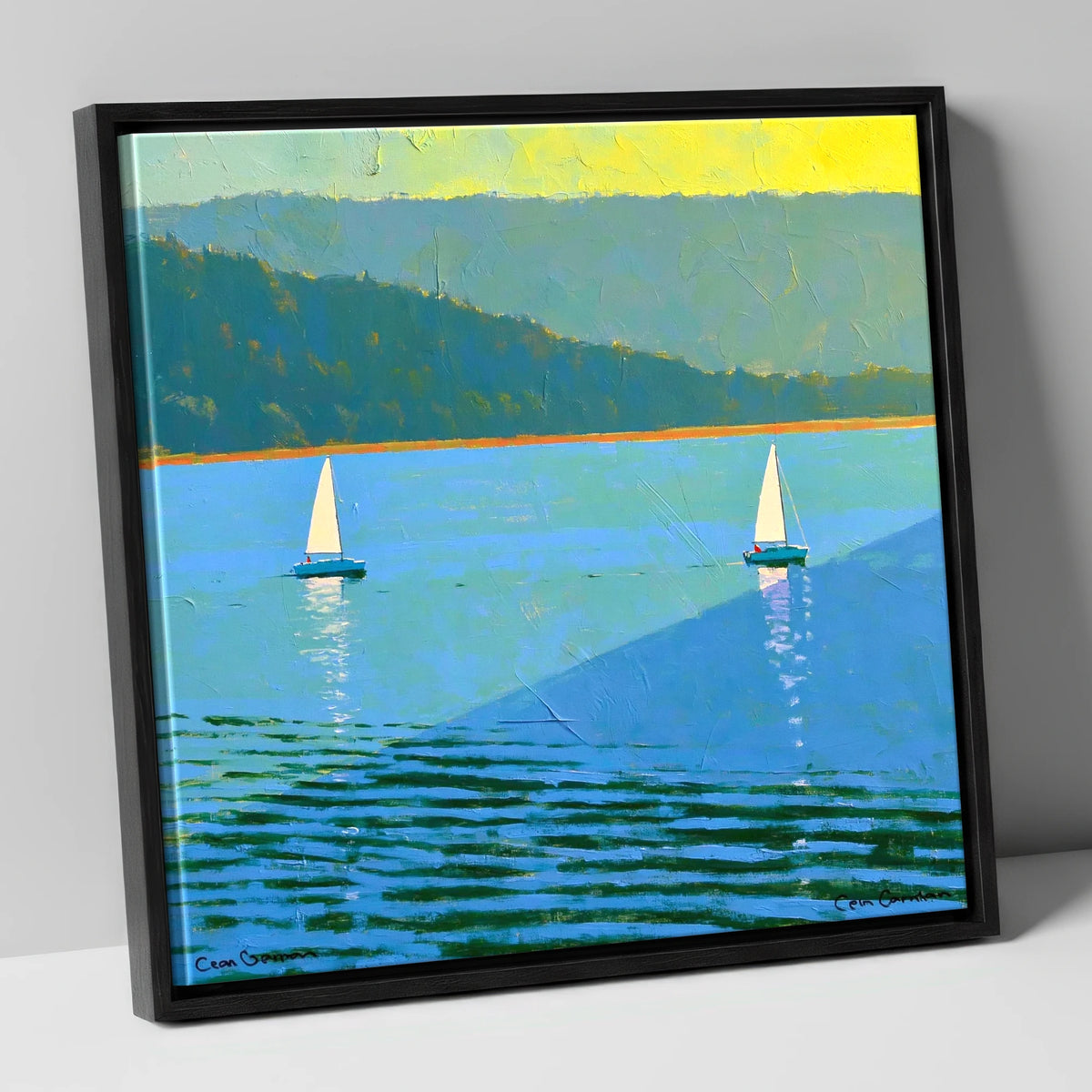 Windermere Sailboats in Bold Blue lake district lake canvas wall art in black frame