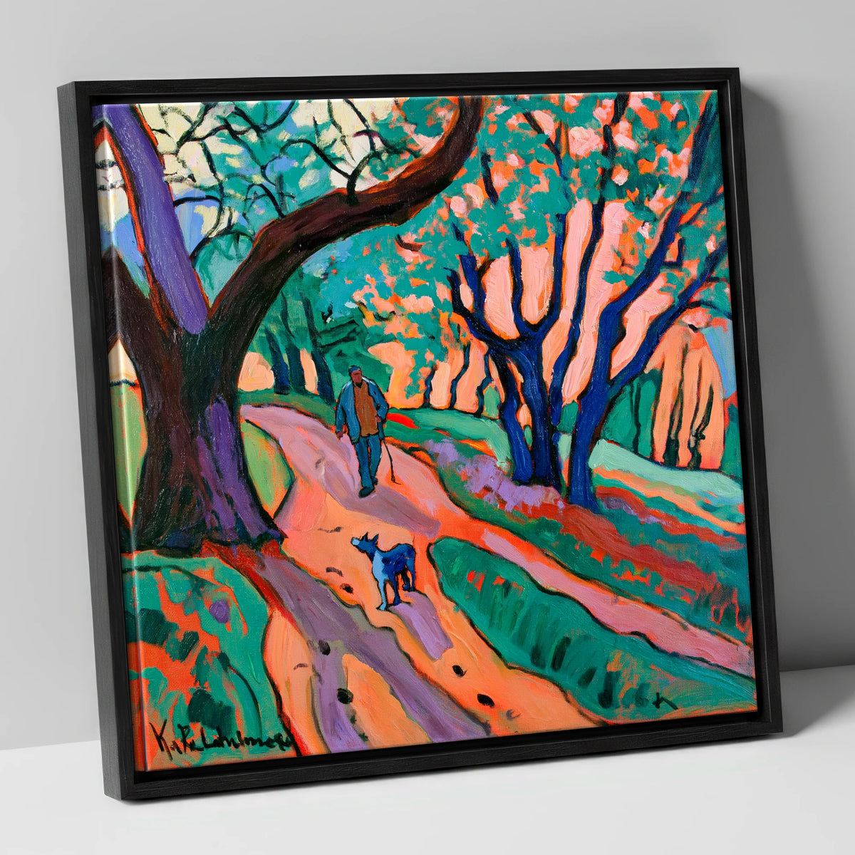 Vibrant Ambleside Woodland Dog Walk gifts for dog walkers canvas wall art in black frame